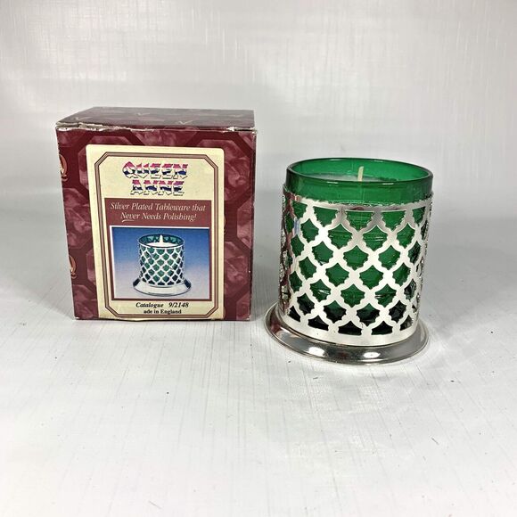 Silver Plated Christmas Candle Holder Green Glass Metal Filigree Made England - Picture 1 of 7